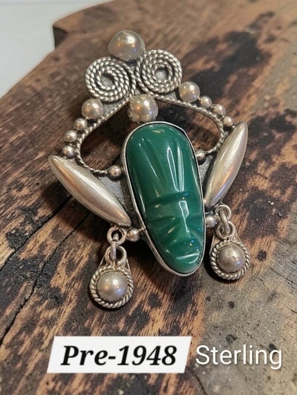 Pre-1948 Mexican Sterling Silver Carved Green Mask Dangle Brooch